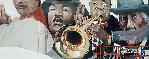 Close-up mural of musicians and brass instruments