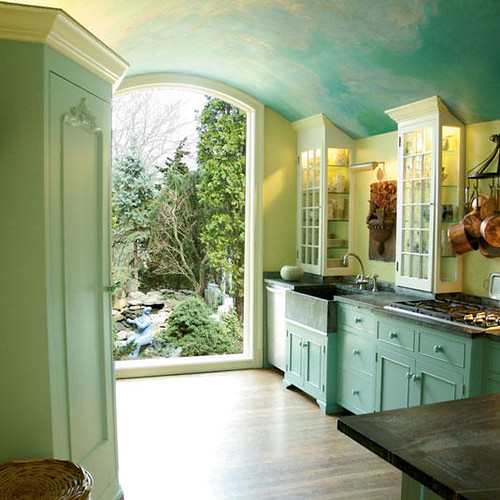 Beautiful sky blue kitchen + painted cabinets + soft green walls
