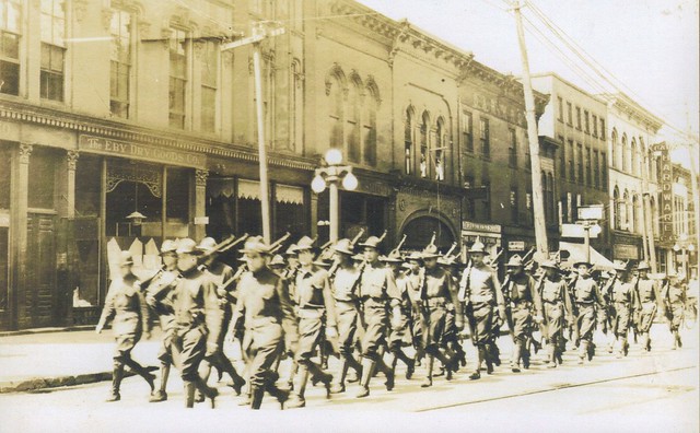 Military parade on West Market St., Warren, Ohio, circa 1910s-1920s
