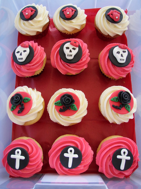 Gothic cupcakes - black rose, skulls, goth symbol & pierced tongues