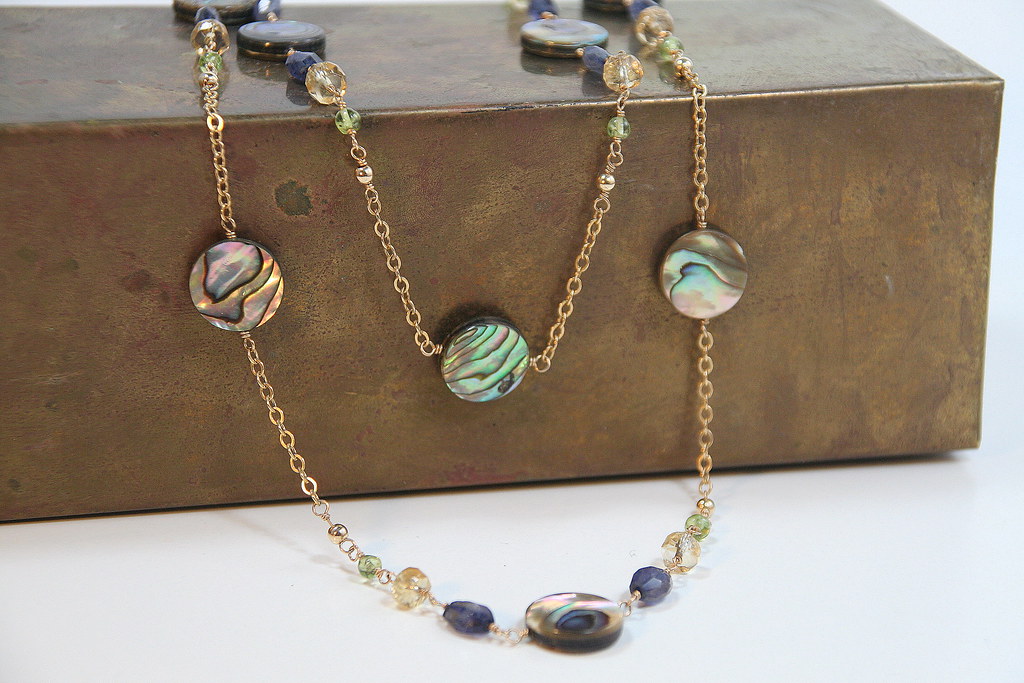 Collier Argent Avec Abalone Et Iolite - Pierre Saphir, Neuf Sans étui