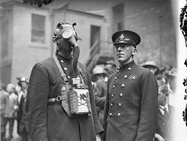 New gas-masks for the NSW Fire Brigade, Castlereagh Street headquarters, Sydney, 1927 / Sam Hood