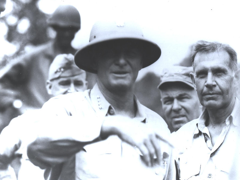 Lt. General Vandegrift, Adm. Nimitz, Maj. General Larsen, and Adm. Spruance are the heads of the military forces recapturing Guam, 1944.

US Navy/Micronesian Area Research Center (MARC)