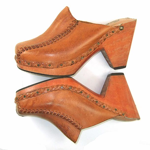 Vintage 1970's leather and wood clogs