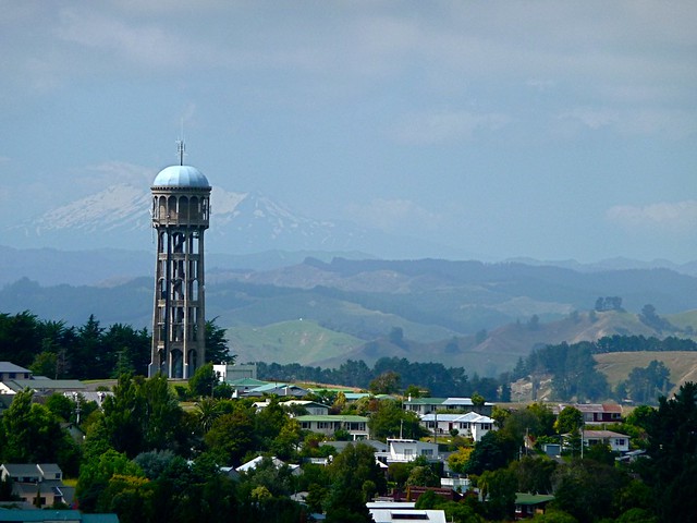Mount Ruapehu behind Bastia Hill water tower