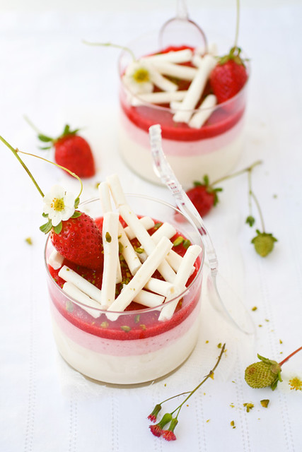 yogurt panna cotta with strawberry mousse and strawberry gelee