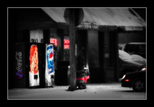 blue winter red bw usa white snow black night canon outdoors eos store neon open fb indiana explore liquor bow vendingmachine soda february 2009 spotcolor selectivecolor cubism shadowlight monon 50d ef70200mmf28lisusm colorphotoaward cmwdred craigsorenson 20090209000649est