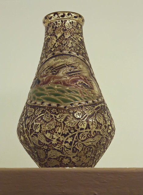 Horsemen Bearing Lances by Emile Galle 1880 CE art nouveau vase demonstrating enameling characteristic of Islamic and Venetian glass