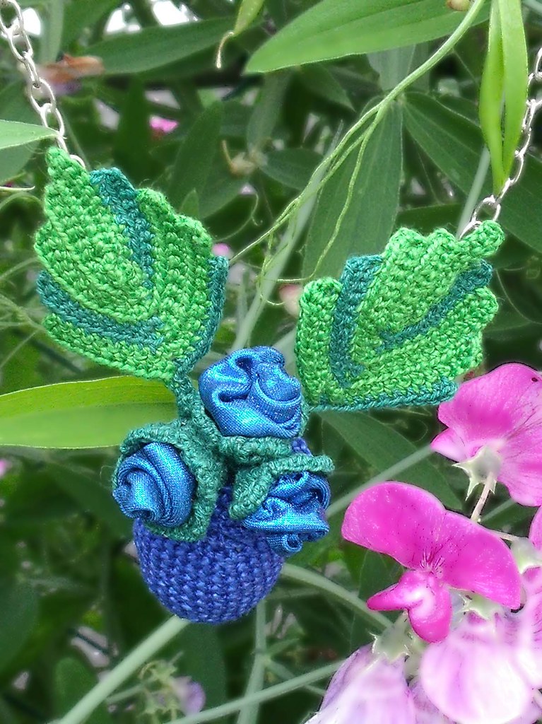 Blue with rose crochet necklace