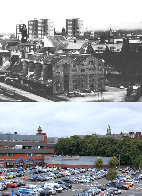 Preston then and now, #23...The Lancashire and Yorkshire railway goods yard and warehouse, from bottom of Butler St., looking across to Fishergate, in 1965, and how it looks now in 2009.