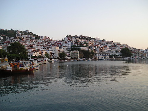 sea summer sunrise island greek harbor town greece skopelos