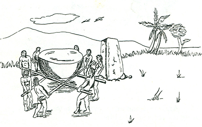 Ancient CHamorus/Chamorros may have used a pole frame secured with rope to place the tasa on the haligi.  Image provided by Lawrence J. Cunningham with Bess Press, Inc. from the publication Ancient Chamorro (CHamoru) Society.

Lawrence J. Cunningham/Bess Press, Inc
