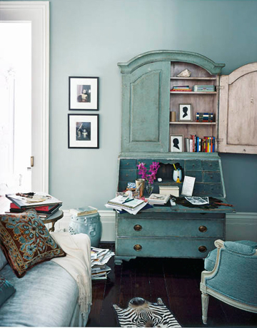 Blue living room: Martha Stewart 'Grisaille' + painted antique secretary
