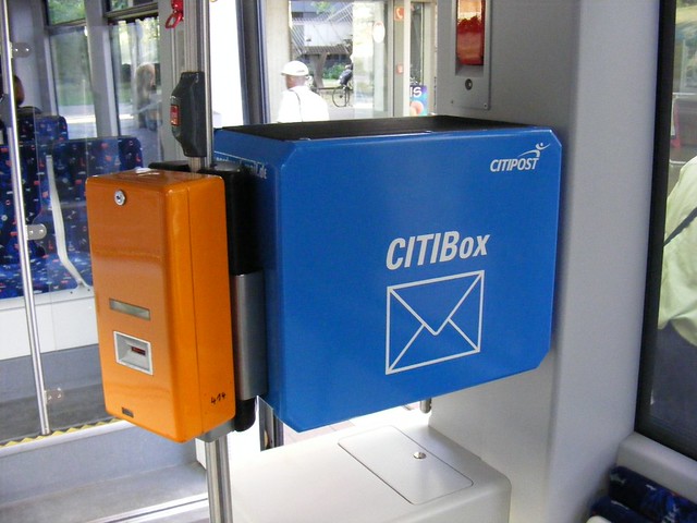 Bremen GT8N-1 tram. Citipost Citibox Post box and ticket machine