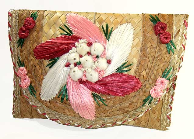 Unused Vintage Envelope Clutch Purse Embroidered Raffia & Shell