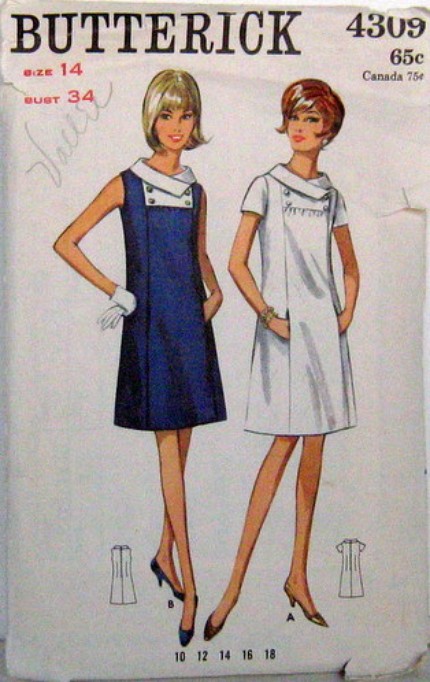 Vintage Butterick Pattern 4309 A Line Dress 60s Mod Bias Shaped Collar Size 14 Bust 34 Waist 26 Hip 36