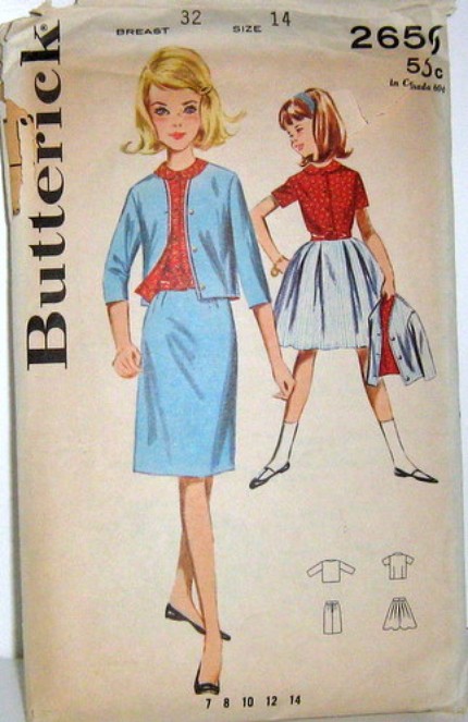 Vintage Butterick Sewing Pattern 2650 Girls Size 14 or x-small womens Short Sleeve Blouse with Peter Pan Collar , Cardigan Jacket, Straight Skirt and Pleated Full Skirt Size 14 Breast 32