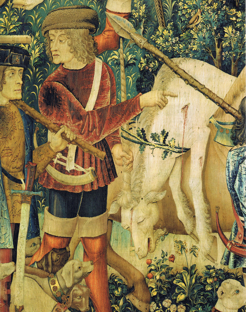 Tapestry no. 6: The Unicorn is killed & brought to the castle (detail)