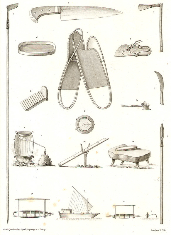 An illustration of the tools, canoe, proa, and machete used by Chamorros on a daily basis in the early 1800's. Illustration of tools used by Chamorros from Freycinet’s Voyage Autour de Monde, Paris, 1824.

 A. Duperrey and Taunay/Guam Public Library System