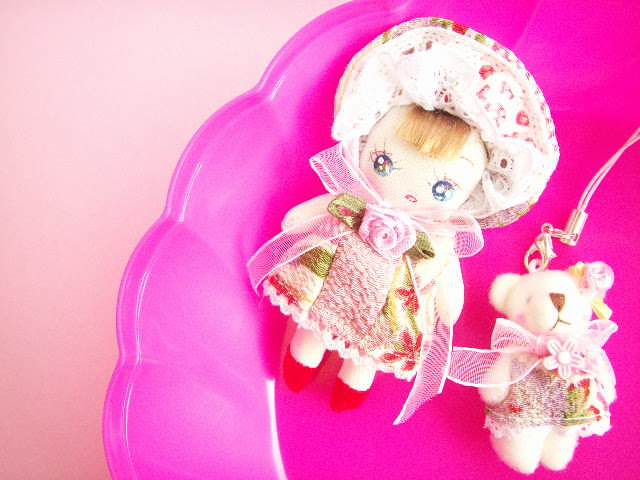 Handmade Mini Bunka Doll with Tiny Bear Set Retro Cute Japan