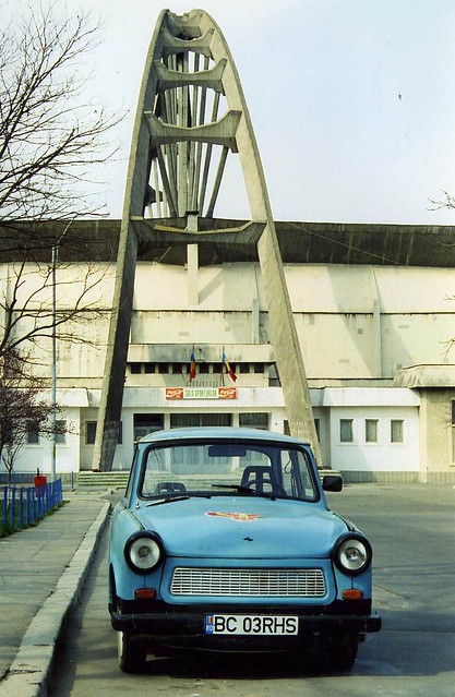 Bacău, Romania,2001 Sala Sporturilor and Trabant car.