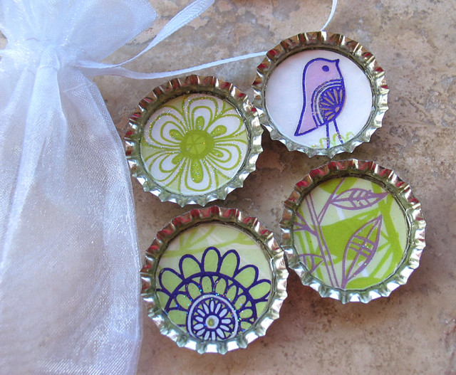4 Whimsical Bird & Flower Bottle Cap Magnets with Organza Bag