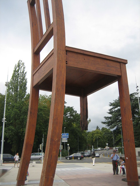 Broken Chair made for Handicapped International an anti-landmine NGO by Swiss Visual Artist Daniel Berset UN Geneva Switzerland