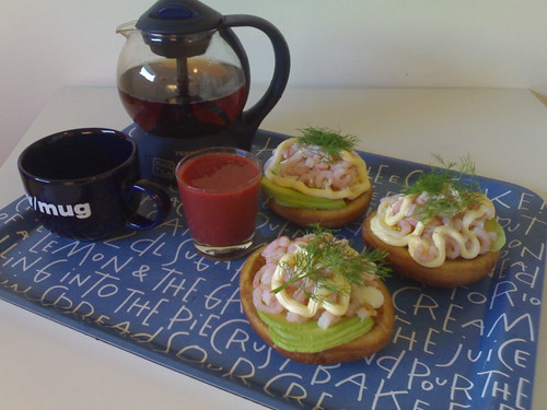 Avocado shrimp egg mayo dill sandwich cinnamon tea strawberry orange juice breakfast