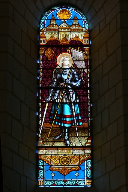 Wed, 08/26/2009 - 10:15 - Stained glass  representation of Joan of Arc, by A. Berges, Toulouse. Church of St. George. Villentrois, Indre, France. 26/08/2009.