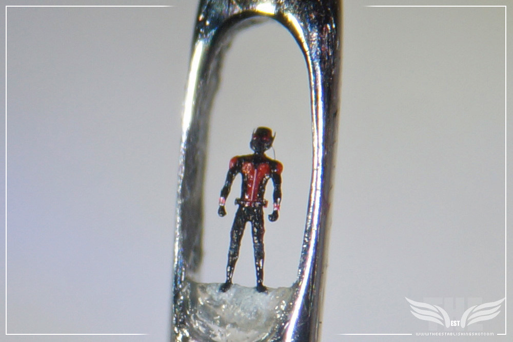 The Establishing Shot: MARVEL UK PRESENTS ‘THE ANTSIBITION’ WILLARD WIGAN MICRO ART ANT-MAN EXHIBITION - MAGNIFIED CLOSE UP VIEW OF MICRO ANT-MAN SCULPTURE IN THE EYE OF A NEEDLE  @ OLD STREET TUBE STATION POP UP GALLERY, LONDON