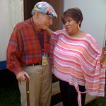 Sat, 01/08/2009 - 3:11pm - Mavis returns to Newport - she first appeared here in 1967 - and
greets host George Wein.