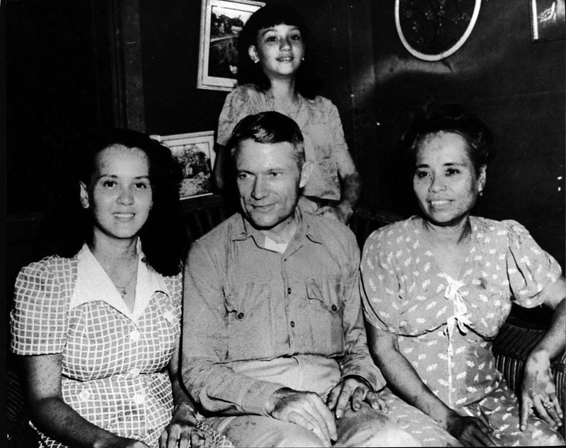 Agueda Johnston, far right, is shown here with George Tweed after World War II. She was in contact with Tweed during the Japanese occupation while he was hiding from the Japanese.

Johnston Family Collection/Micronesian Area Research Center (MARC)