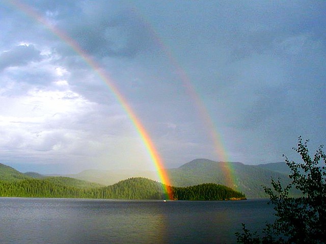 DOUBLE RAINBOW ON CANIM LAKE, BC.