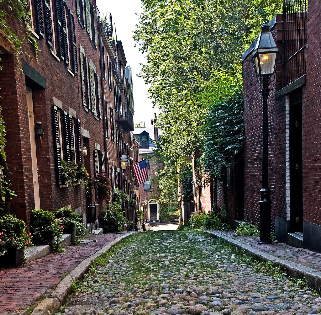Narrow brick alley lined with greenery