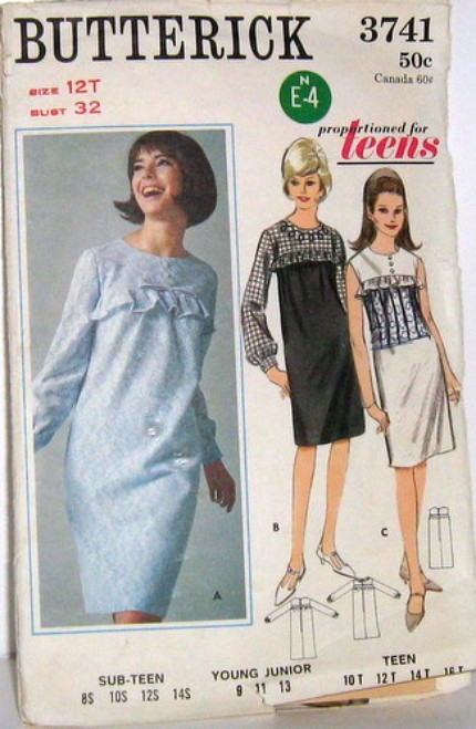 Vintage Butterick Pattern 3741 Teen Size 12 Front Ruffled Yoke Shift Dress Bust 32, Waist 25, Hip 34