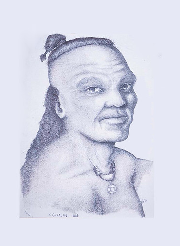 This artist depiction is of Chief Aguarin who led a Chamorro resistance against Spanish domination in the late 17th century.

Jose "Mala’et" Garrido/Judy Flores