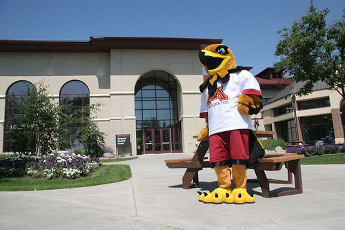 Regal the Eagle Standing in front of the Student Center