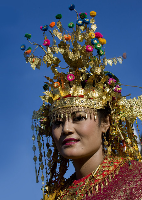 Woman with traditional wedding headdress, Java, Indonesia