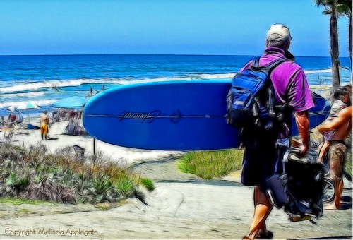 Baby Boomer Surfer Also Heads for the Waves at Del Mar, California (Photoshop Fractalius Treatment) by Melbie Toast