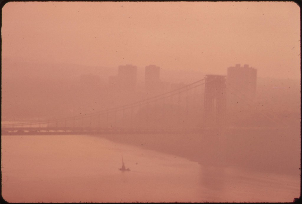 The George Washington Bridge in Heavy Smog. View toward the New Jersey Side of the Hudson River.