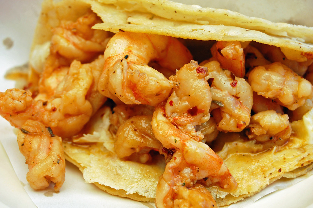 Tacos El Mazateno Tijuana - Camarones Enchilado (Spicy Shrimp Tacos) .