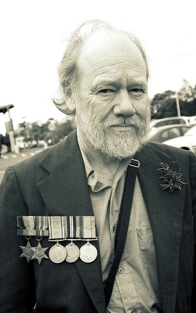 Phil wears his Dad's medals on Anzac Day 2009 to March at Warilla Cenotaph, Warilla Bowling Club
