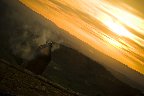 Falling Sun by tworms, Sunset from the fortress walls of Casperia.sunset chimney italy college countryside smoke sabine cas