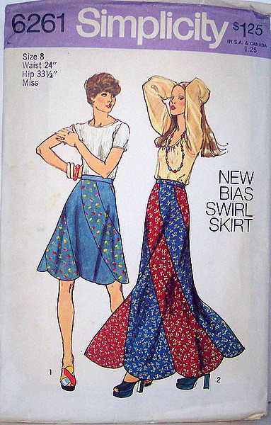 Simplicity 6261 Vintage 70s Sewing Pattern Boho Hippie Bias Swirl Short and Long Skirt