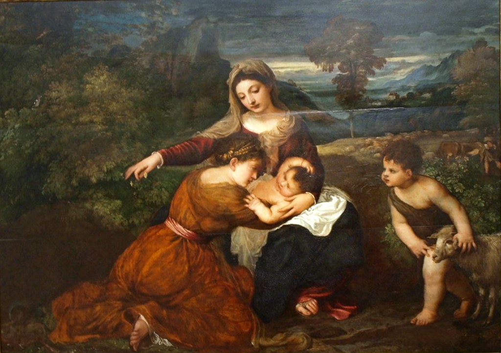 Artist Titian (Tiziano Vecellio) 1530's The Madonna and Child with a Female Saint and the Infant Saint John the Baptist