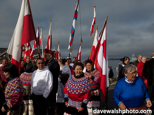Inuit people wearing traditional dress at the Colonial Harbour, Nuuk