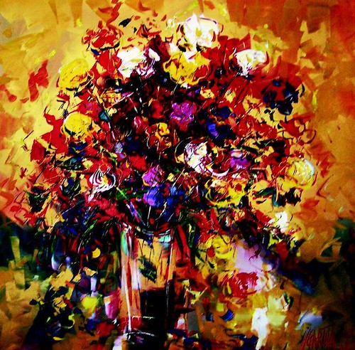 Vivid red and dark flowers against yellow
