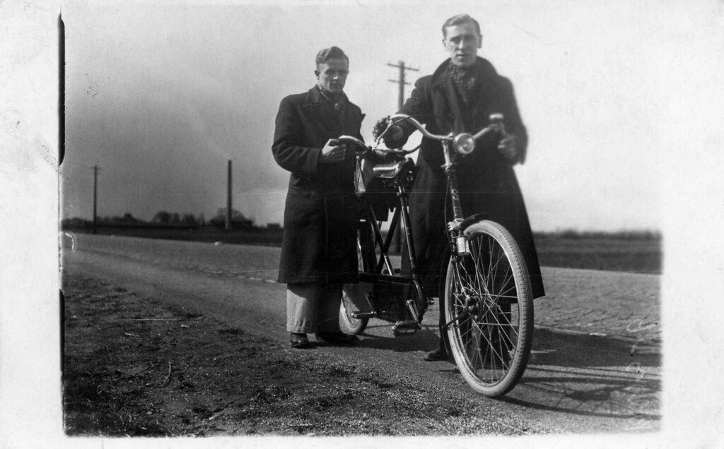my late uncle Ben ten Wolde (right / 1917 - 1991 , The Hague) , together with a good friend (...... Godefroi)  , both living in The Hague , on a bicycle-trip (tandem !) across the country (probably not far from The Hague , Holland , 1930's )