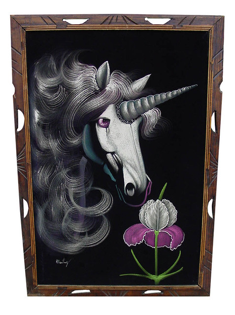Vintage Black Velvet Unicorn Painting