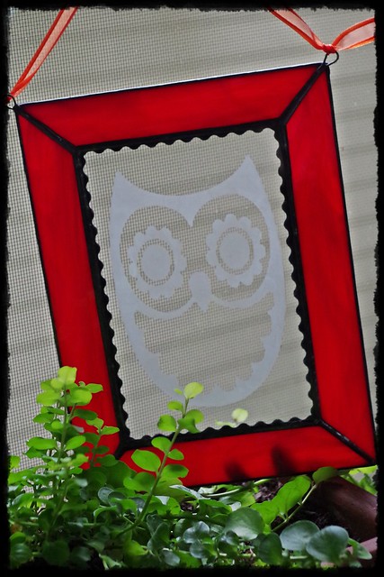 Etched owl stained glass